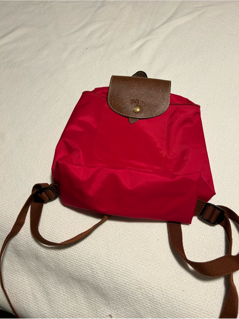 Red Longchamp Backpack with Brown Leather Flap